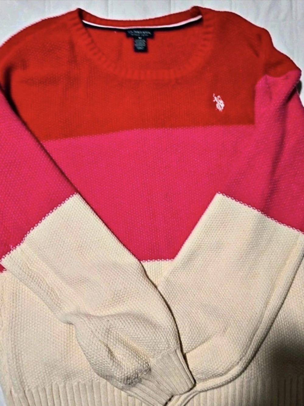U.S. Polo Assn. Color Block Crewneck Sweater Red & Pink Size Medium